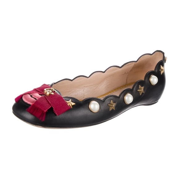 ❤️Gucci Lips Bow Pearl Accents Leather Ballet Flats❤️ - Picture 1 of 4
